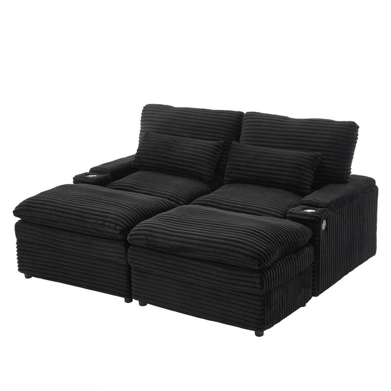 Loveseat Sofa Free-combined Sectional Convertible Sofa Bed with Storage Space, Two Movable Ottomans, Four USB Ports