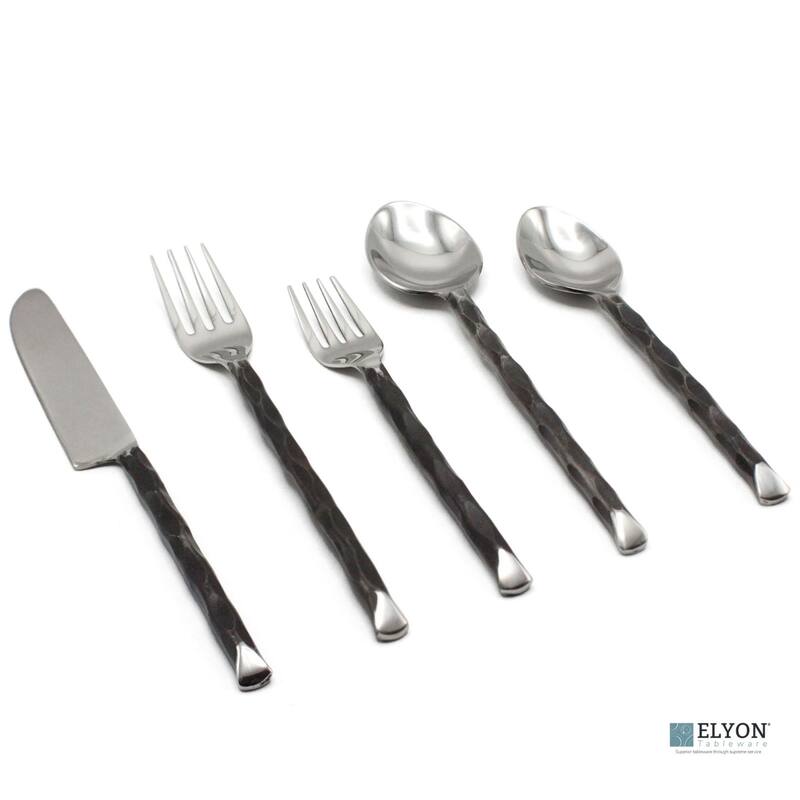 Elyon Diamond Tip Reflective Black 20 Piece Flatware Set Indian Artisan-Made Set Hand-Forged Stainless Steel Service for 4