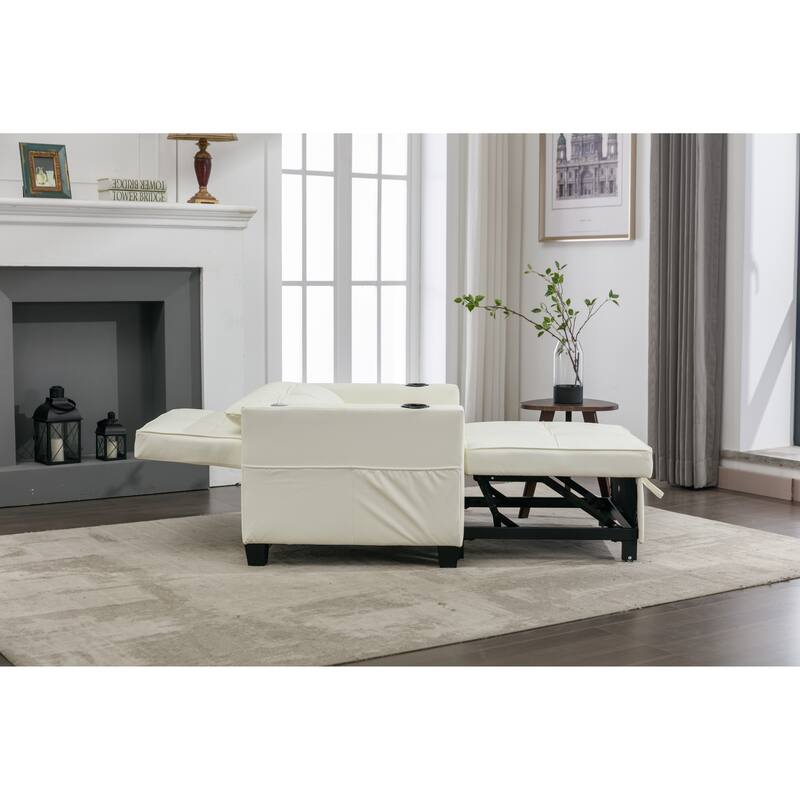 Leather Futon Armchair Bed with USB, Cup Holders & 3-Position Backrest