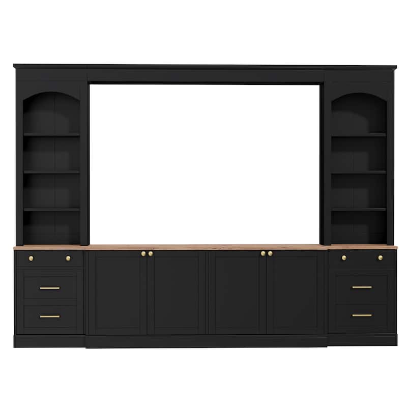 Farmhouse Arched Entertainment Center Wall Unit with Bookshelf,for TVs Up to 70",106"Multi-Functional Media Console with Drawer