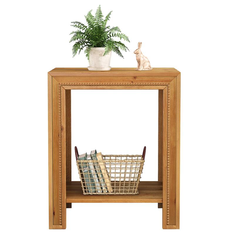 Solid Wood End Table, 2-Tier Farmhouse Side Table with Storage Shelve