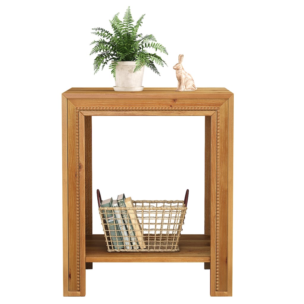 Solid Wood End Table, 2-Tier Farmhouse Side Table with Storage Shelve