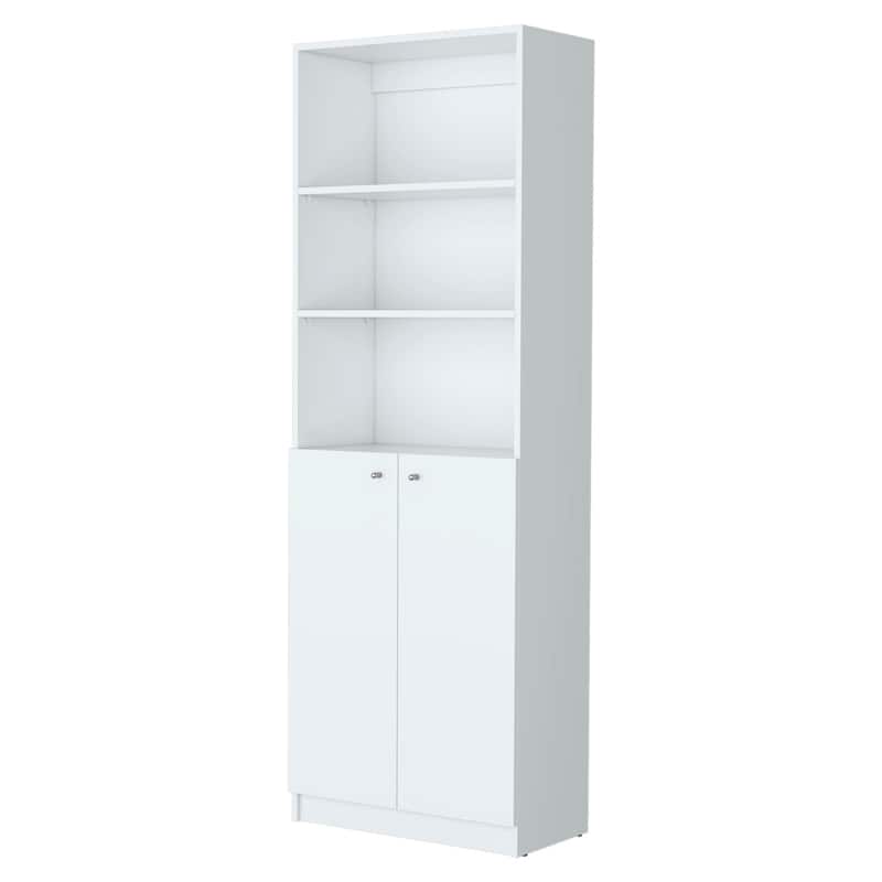 HomeRoots 71" White Wood Three Tier Bookcase with Two Doors