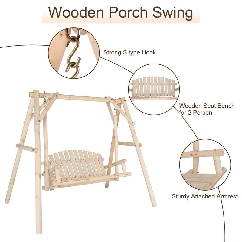 6.5ft Outdoor Wood Porch Swing with Stand - N/A
