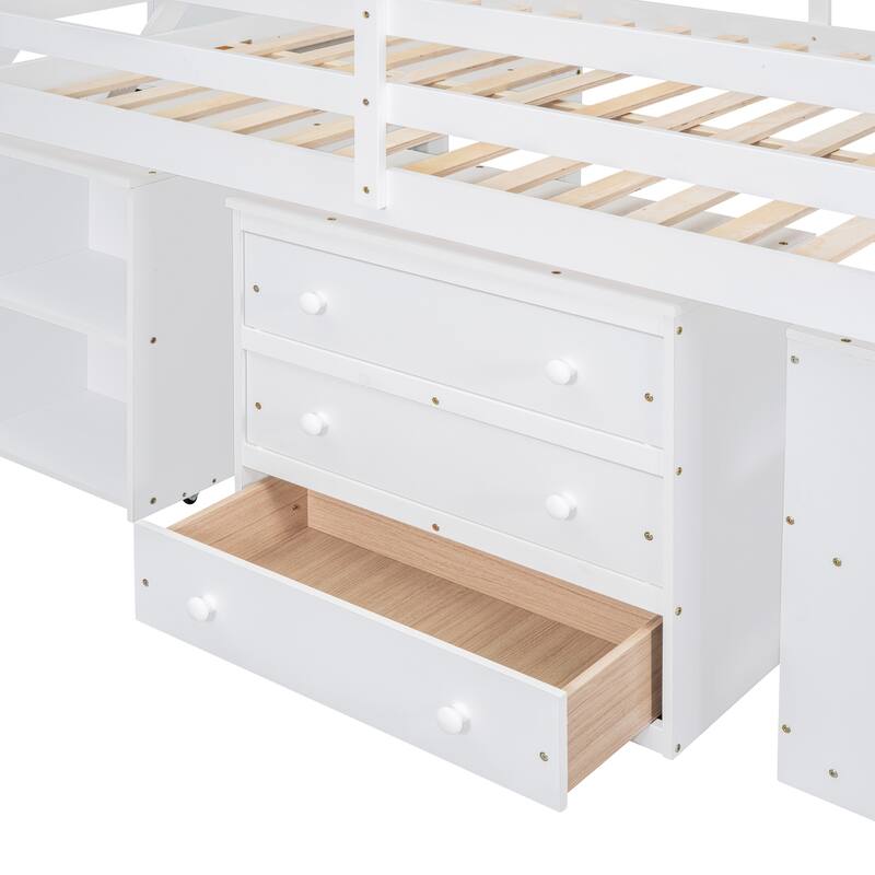 Full Size Loft Bed with Retractable Desk, Storage Drawers, and Stairs, Space-Saving