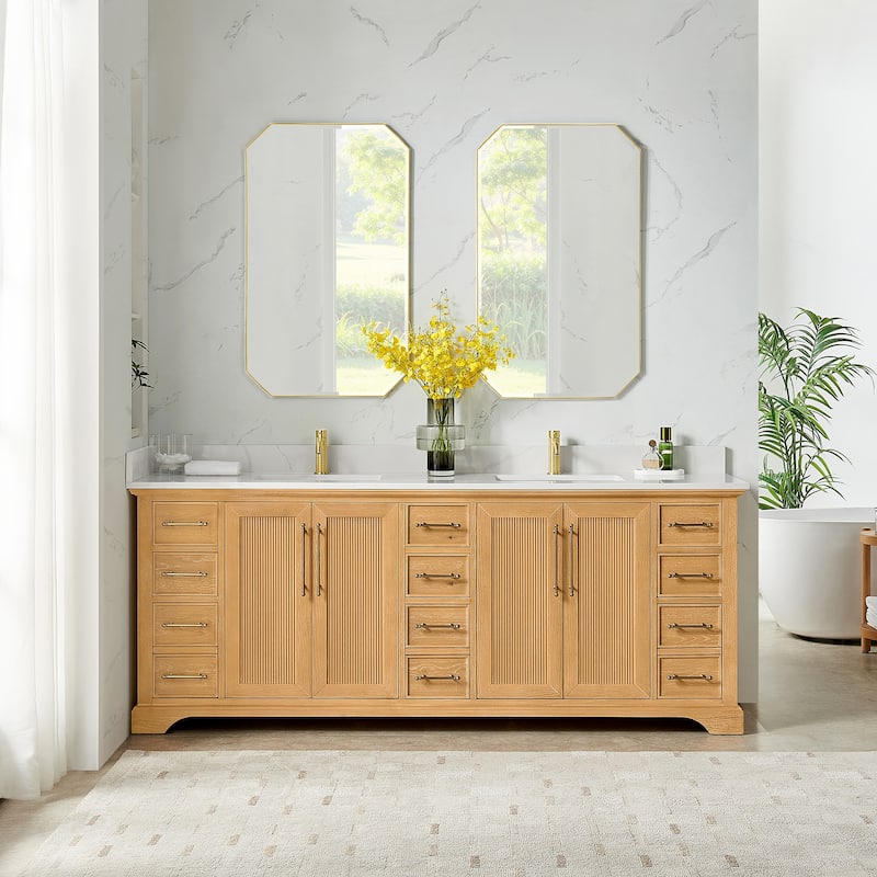 Tokyo Bath Vanity with Quartz Stone Top without Mirror - 84in. - Oak Natural Brown