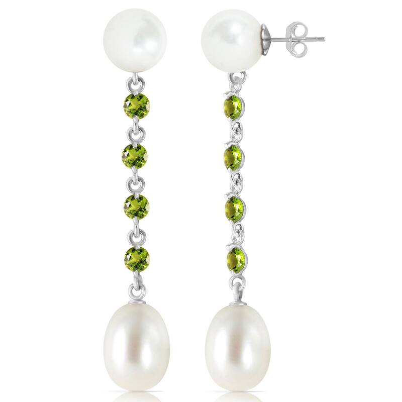 14K Solid Gold Chandelier Peridot & Pearl Gemstone Earrings - White