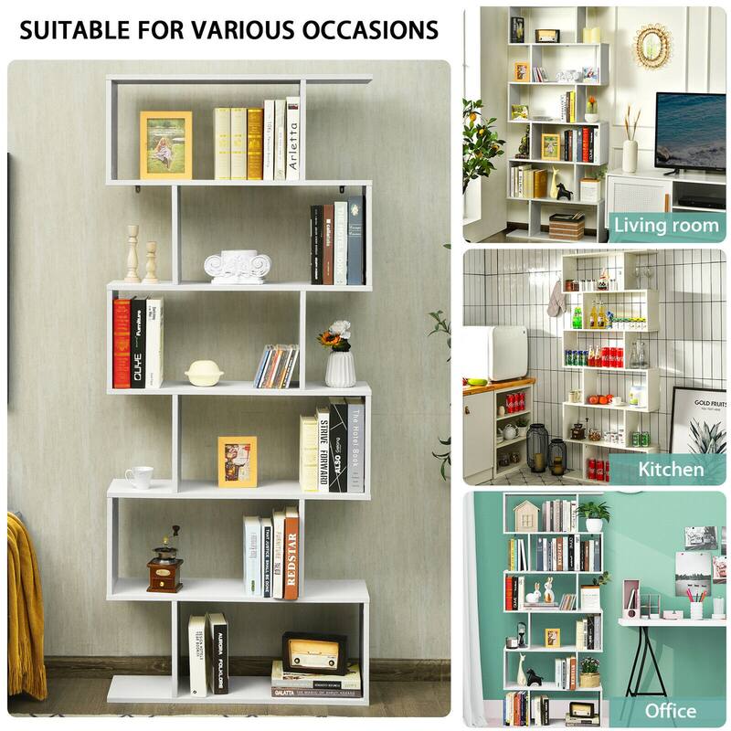 Gymax 2 PCS 6 Tier S-Shaped Bookshelf Storage Display Bookcase Z-Shelf - 31.5'' x 9'' x 75''