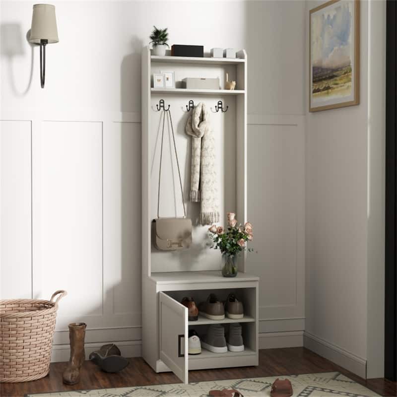 Modern Entryway Hall Tree with Bench Coat Rack Storage Cabinet and Adjustable Shelves - 23.5" W x 15.25" D x 72" H