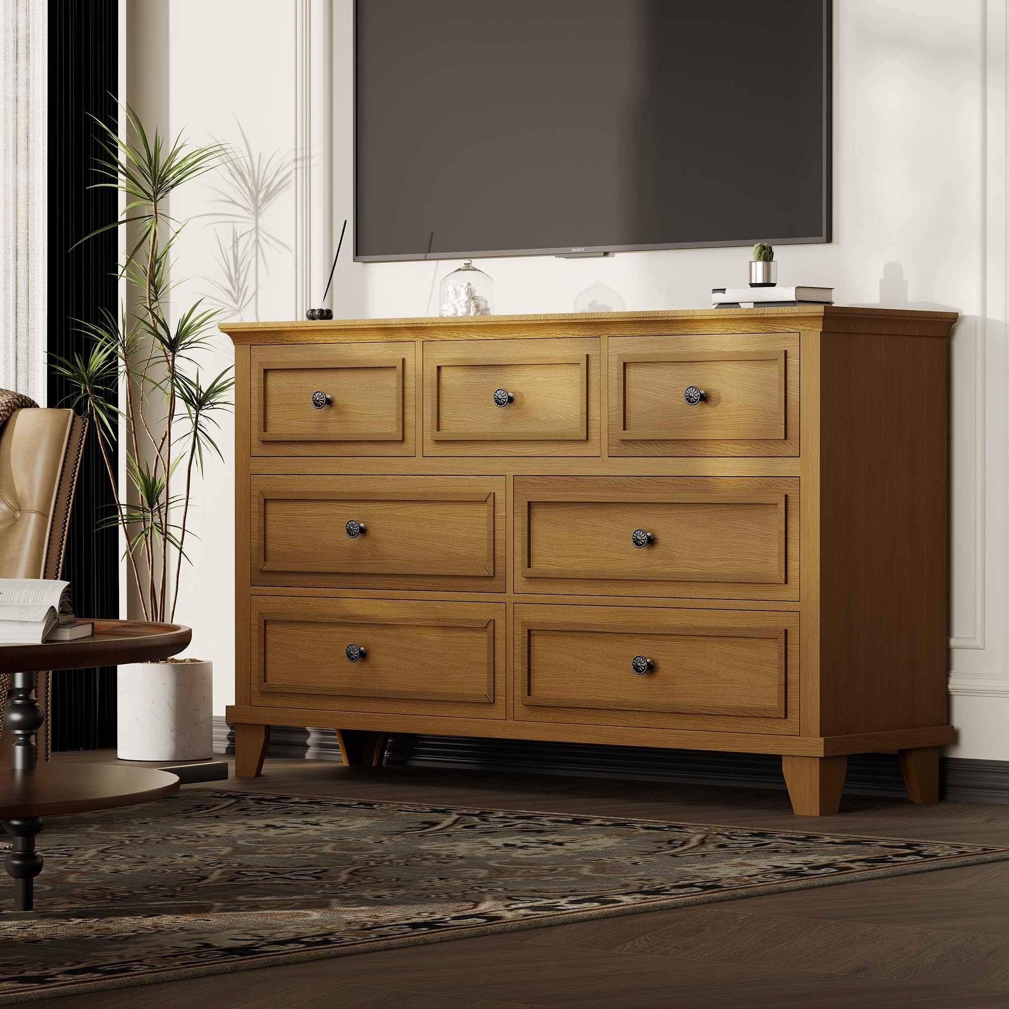 47" Wide 7 Drawer Dresser, Large Wooden Storage Chest of Drawers with Exquisite Metal Handles TV Stand