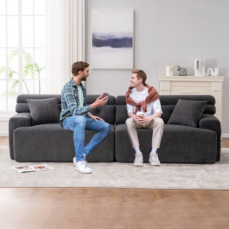 4-Seater Compression Sofa with Pillows, Wood Grain Chenille Fabric
