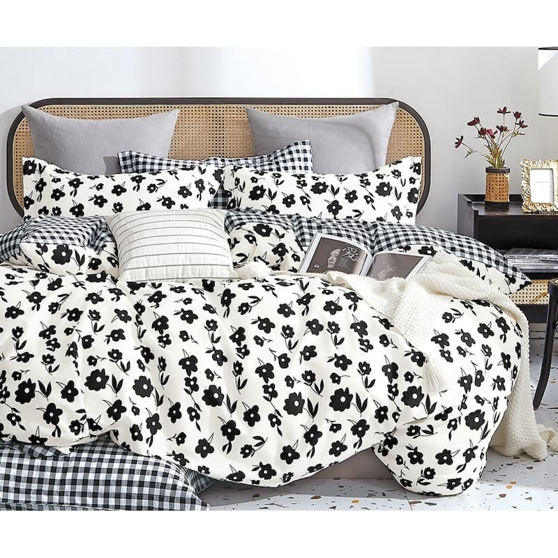 Hepburn Black/White Floral 100% Cotton Reversible Comforter Set