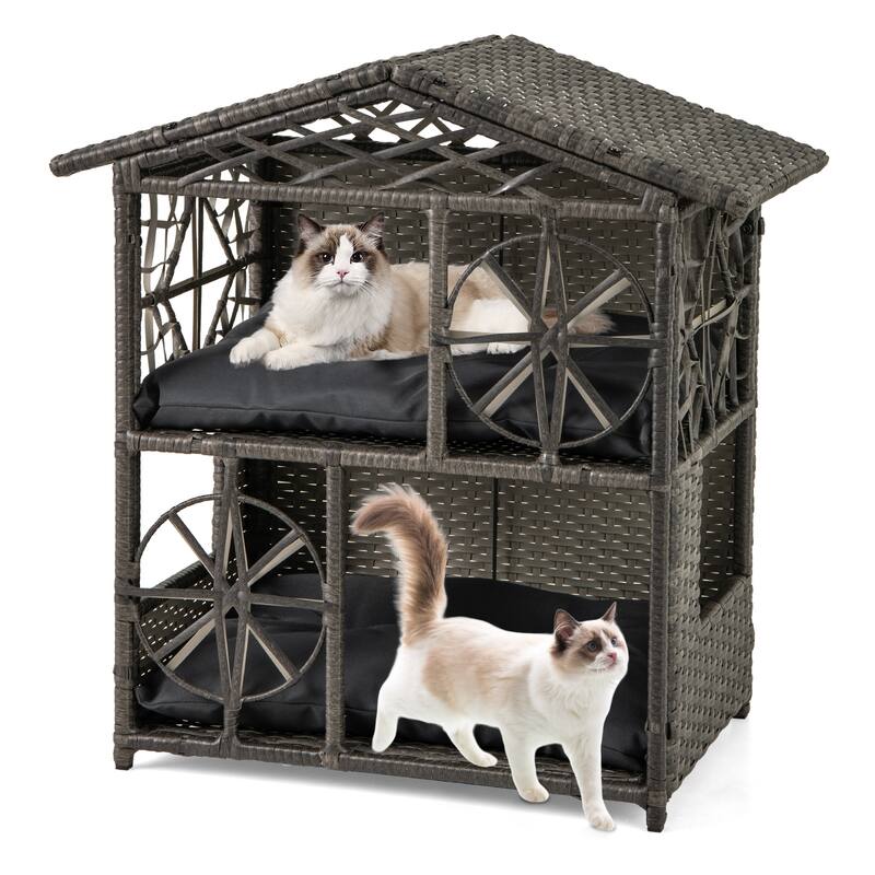 Grey 2-Tier Rattan Cat House with Cushions Outdoor Elevated Pet Shelter for Small to Large Cats - 27" x 16" x 27.5"