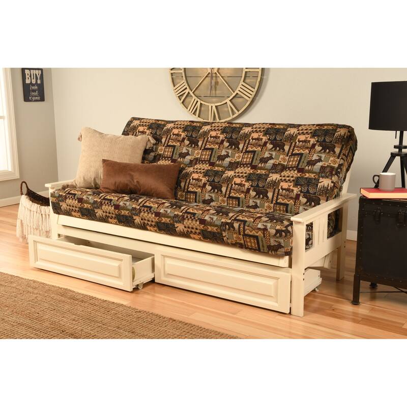 Somette Beli Mont Futon Set with Antique White Hardwood Frame, Rustic Pattern Cotton/Polyester Mattress, and Storage Drawers - Peter's Cabin