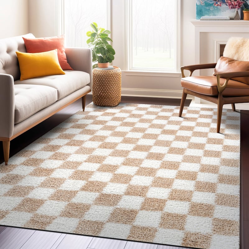 Block Shag Rug - Great for Living Room, Bedroom, or Entryway - Medium Pile, Easy to Clean - Anthracite Dark Gray - Beige - 5' x 7'
