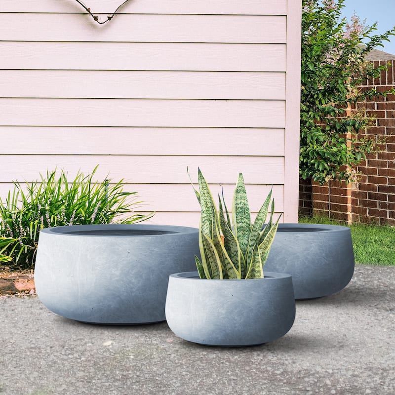 Durx-litecrete Lightweight Concrete Modern Low Bowl Cement Planter-Set of 3 - 19.7'x19.7'x9.8'