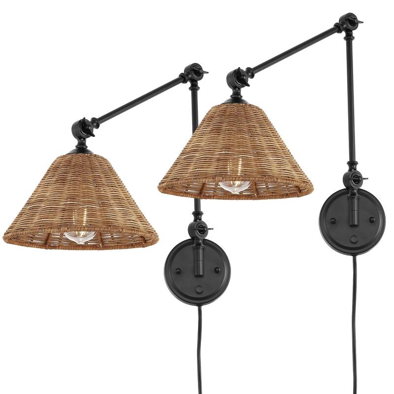 WINGBO Gold Rattan Swing Arm Wall Lamp Set of 2 Adjustable Wall Mounted Sconce - N/A