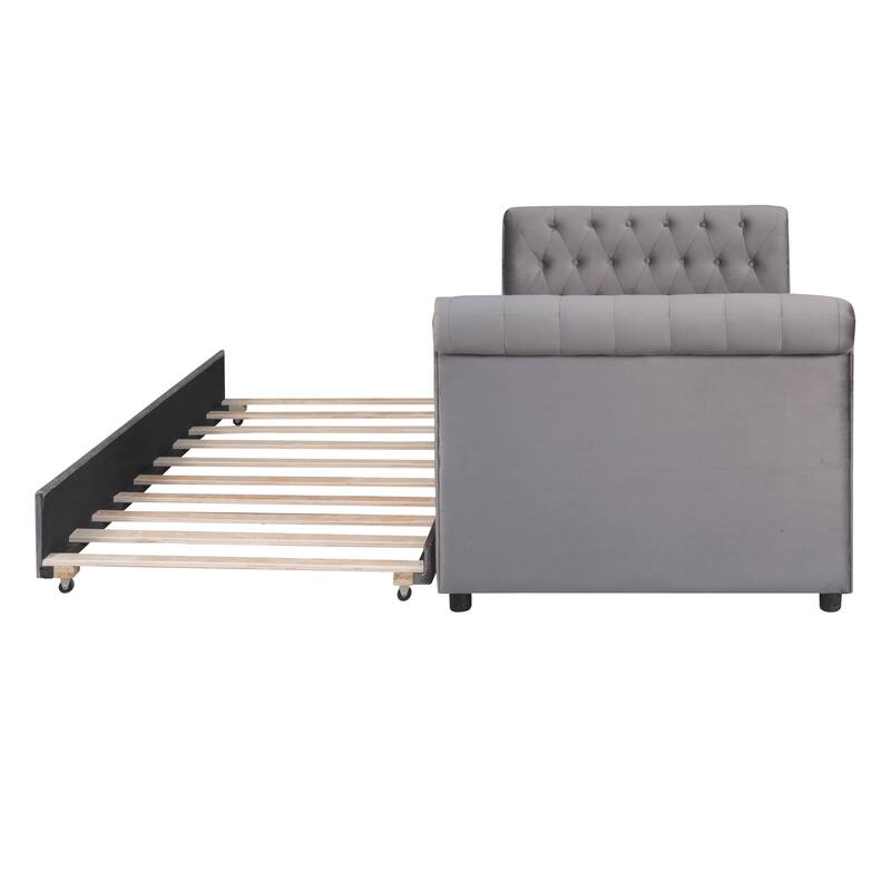 Beige Upholstered Twin Size Daybed Sofa Bed with Trundle, Fabric and Wood Frame Wood Slat Support
