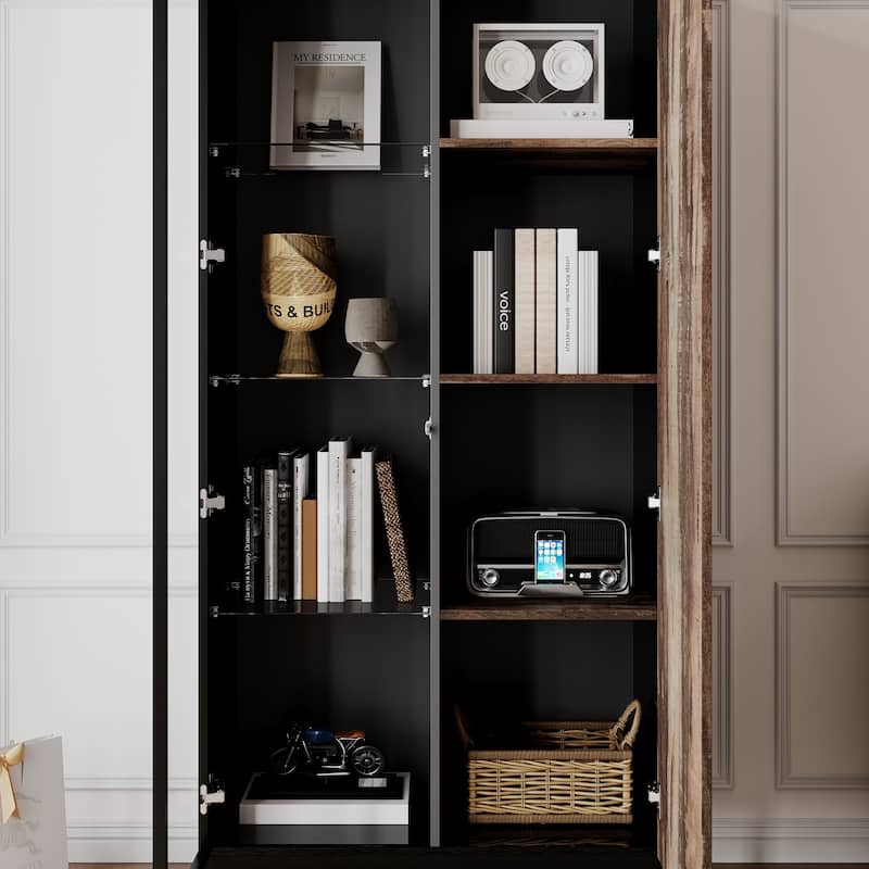 Glass Display Cabinet with LED Spotlight and Wood Grain Door Tall Aluminum Frame Curio Cabinet