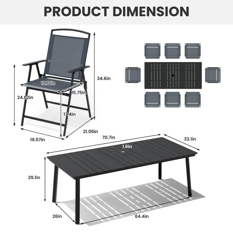 9-Piece Outdoor Dining Set Rectangle Patio Dining Table with Umbrella Hole and Folding Chairs