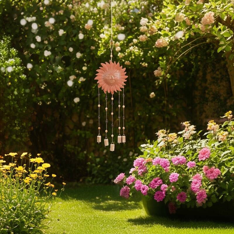 Terracotta Metal Sun Face Wind Chime with Beads and Bells - 36" Brown - 9.5" x 1" x 36"