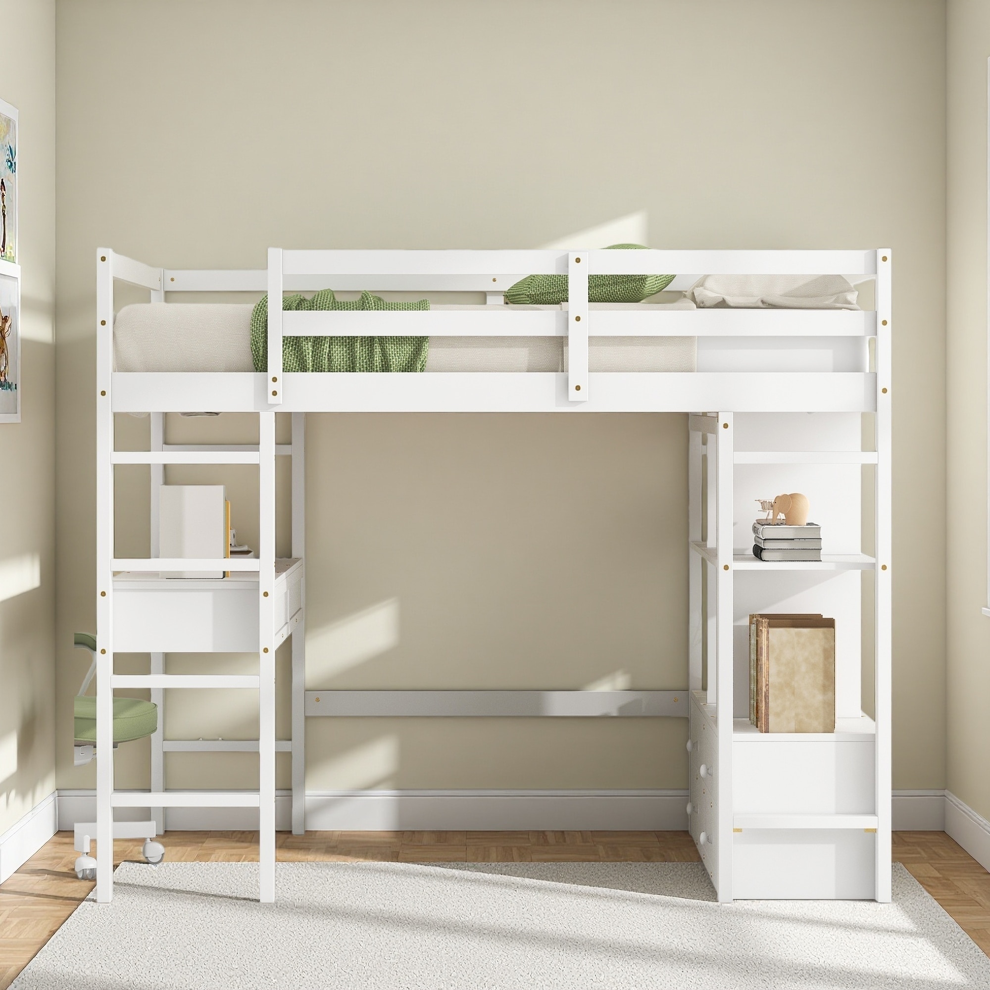 Full Size Pine Wood Loft Bed with Built-in Desk, Drawers & Storage Shelves