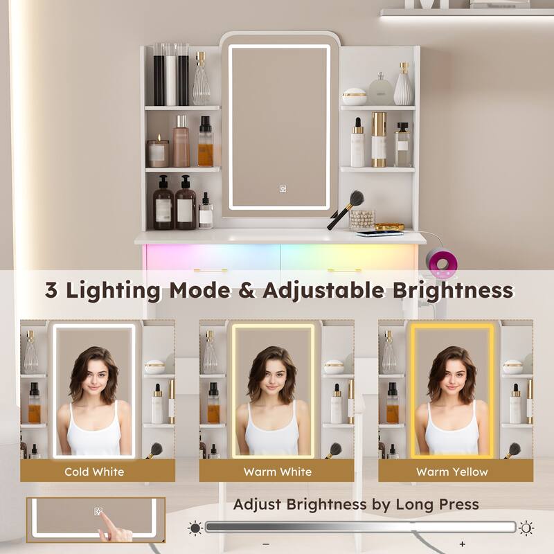 Vanity Desk With Led Lights Mirror & Power Outlet,With Storage Drawers & Chair,3 Lighting Modes & Led Rgb Adjustable Brightness