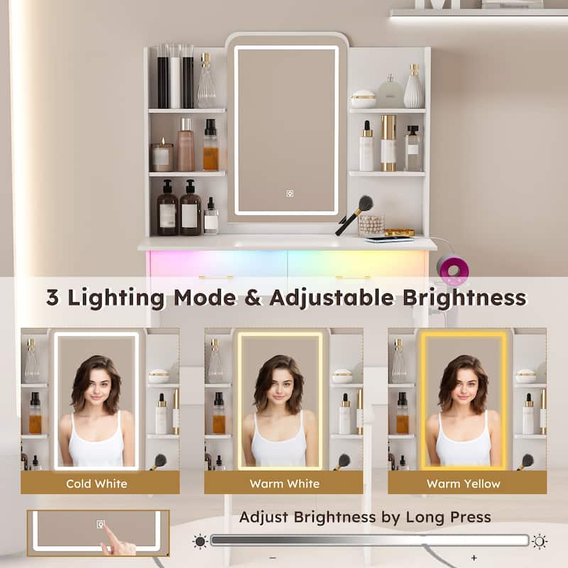 Vanity Desk with LED Mirror & RGB Lights, Power Outlet, 2 Drawers, Shelves & Chair, Dressing Table for Bedroom