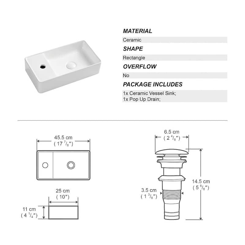 Eridanus Small Wall-Mounted Bathroom Sink with Pop-Up Drain - 17.9" x 9.8" x 4.3"