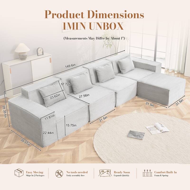 L-Shaped Modular Sectional Sofa with Ottoman, Striped Corduroy Deep Seat Cloud Couch, Large 4-Seat Corner Sofa