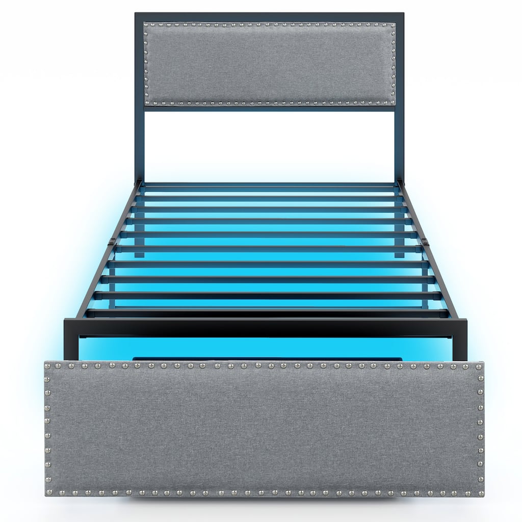 Gymax Twin Size Bed Frame w/ Storage Drawer Metal Platform Bed w/ LED