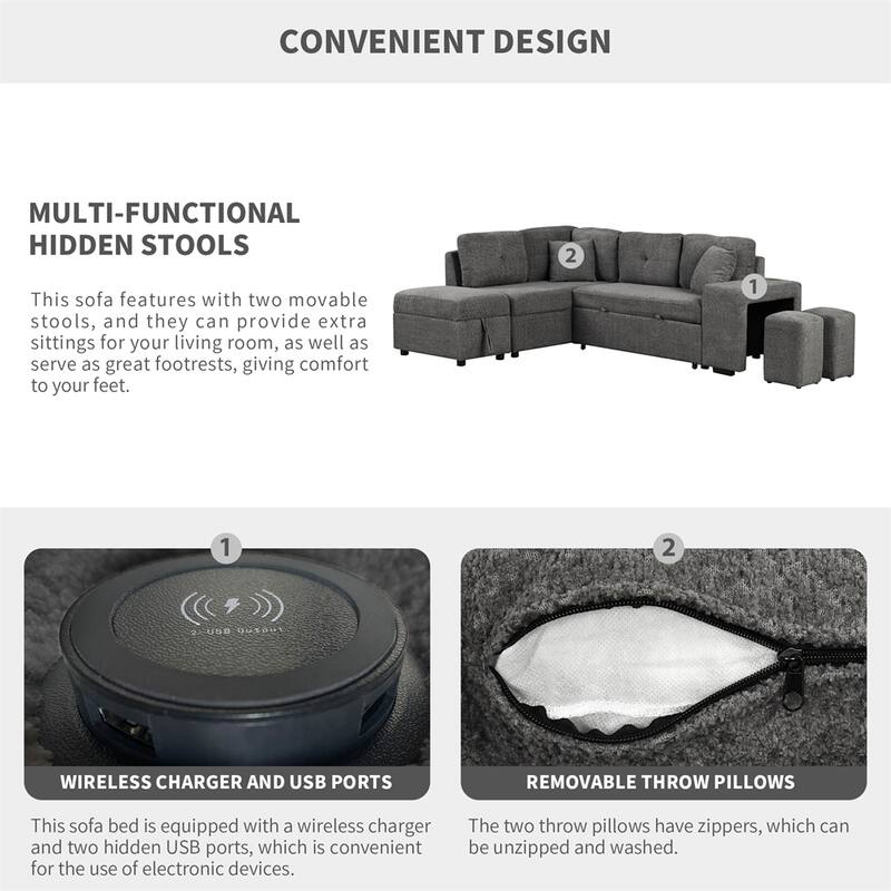 Sectional Pull Out Sofa Bed w/Storage Ottoman,2 Throw Pillows,2 Stools