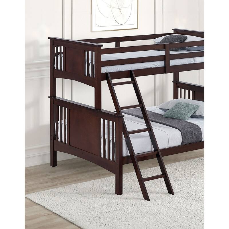 Modern Twin Over Full Bunk Bed with Ladder in Dark Walnut Finish
