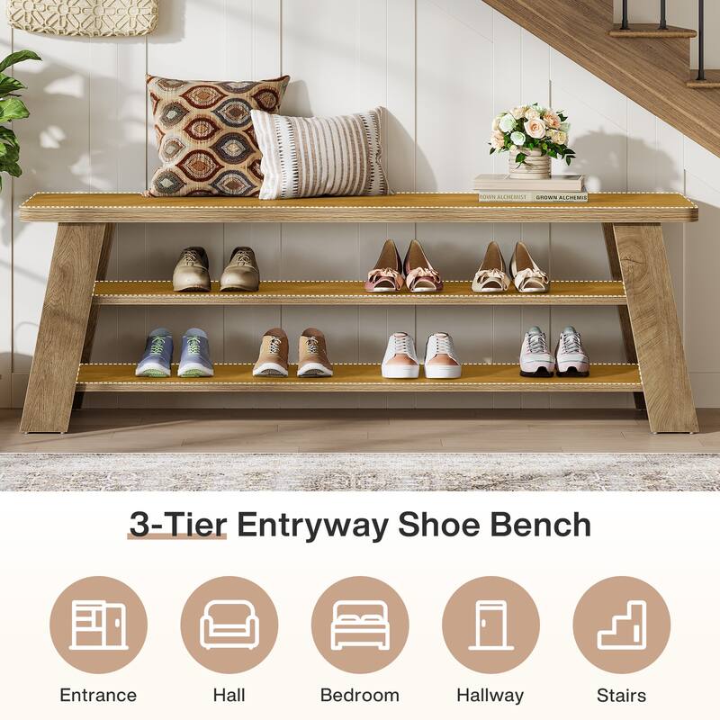 Entryway Shoe Bench with Storage Shelf, Dining Bench, Wooden End of Bed Bench for Bedroom, Living Room, Mudroom, Hallway, Foyer