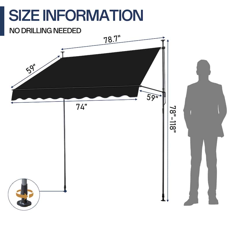 Retractable Patio Awning with 180g PU-Coated Polyester Fabric Aluminum and Steel Frame Adjustable 0 to 90 Degrees