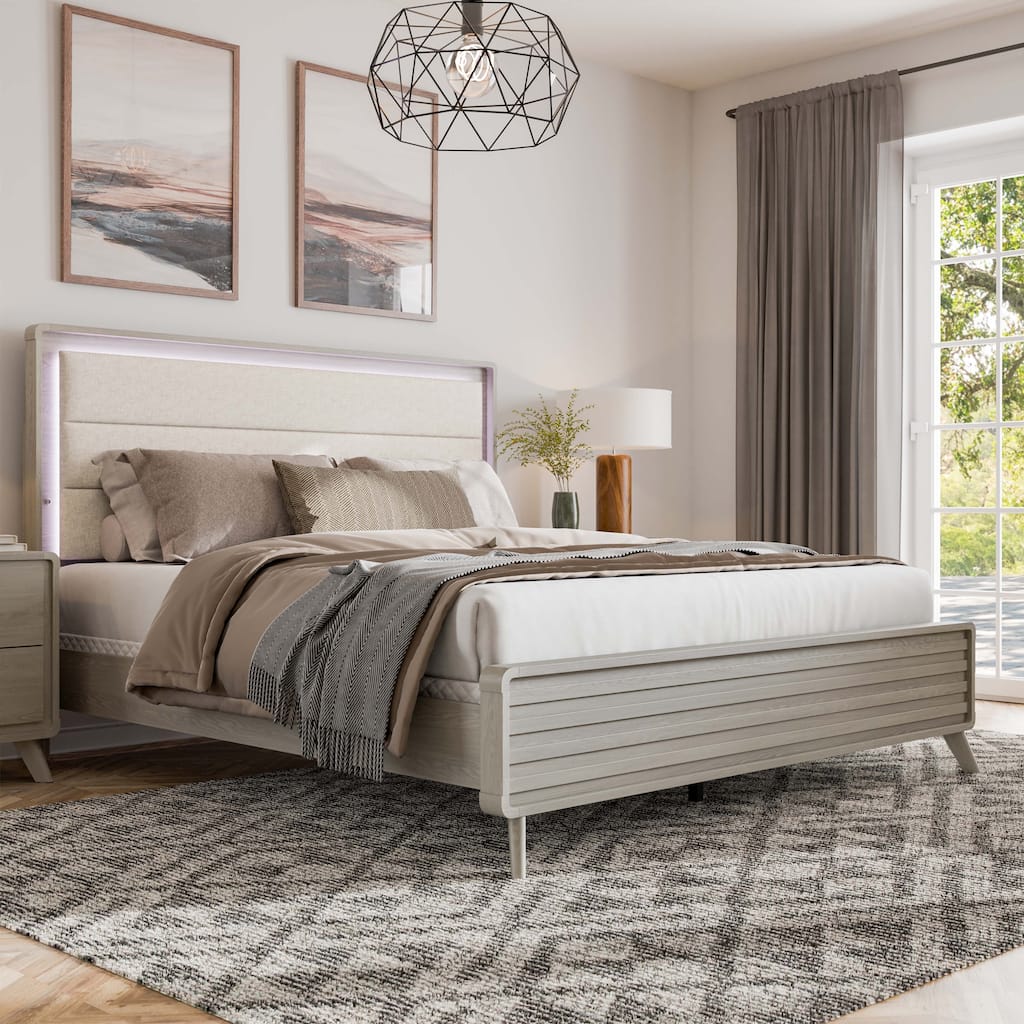 Furniture of America Thalia Modern Grey Wood Upholstered Panel Bed with LED on Headboard