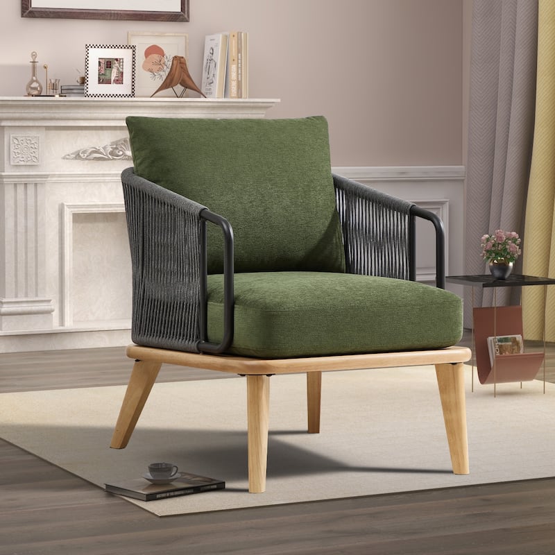 Living Room Casual Wooden Hand Braided Rope Armchair Rattan Chair for Living Room Apartment - Green - 1PCS