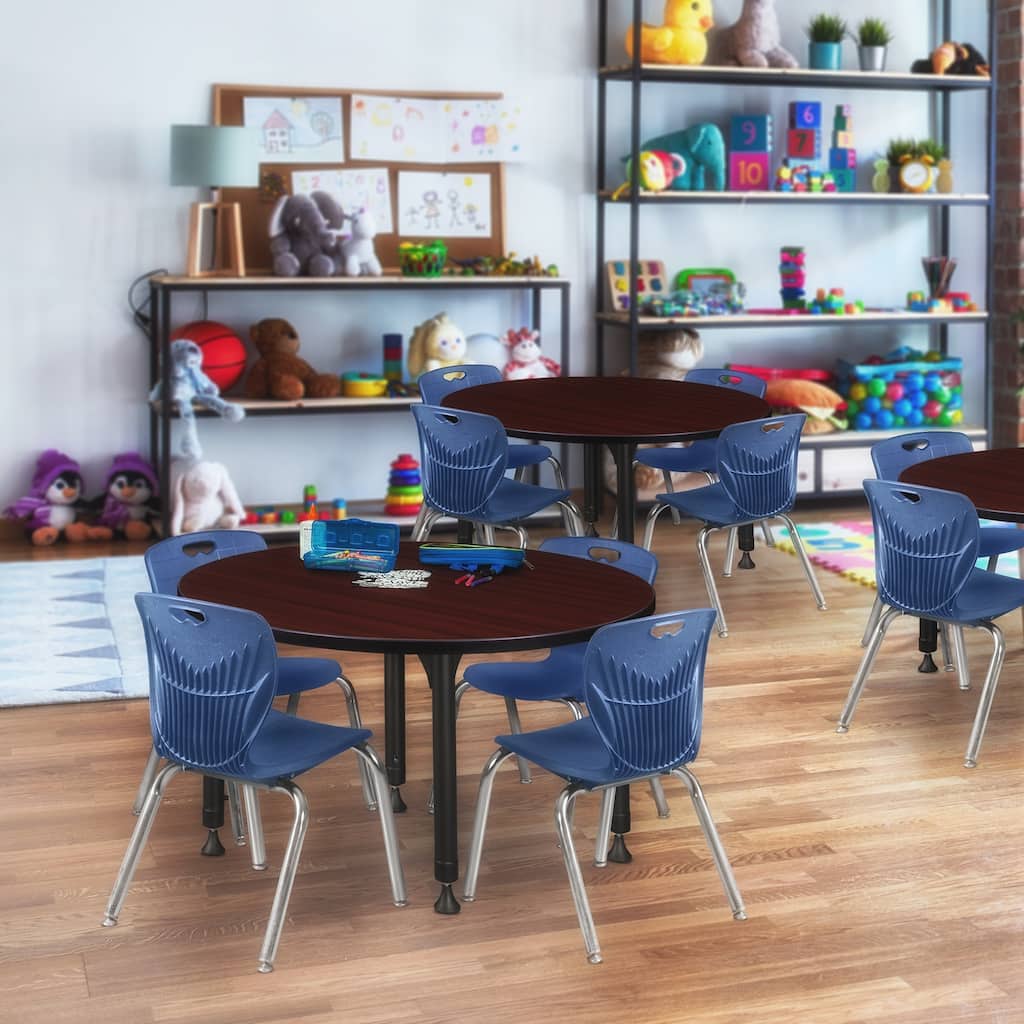 36 in. Round Height Adjustable Classroom Table - Mahogany & 4 12-in Stack Chairs- Navy Blue