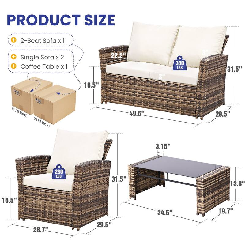 4-Piece Wicker Outdoor Sofa Set, 1 Loveseats, 2 Single Sofas, 1 Table