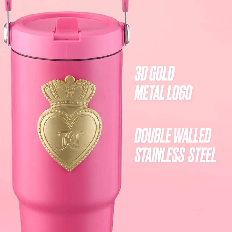 Juicy Couture Flip Flow Hydration Stainless Steel Screw Top Tumbler with Flip Straw and Carry Handle