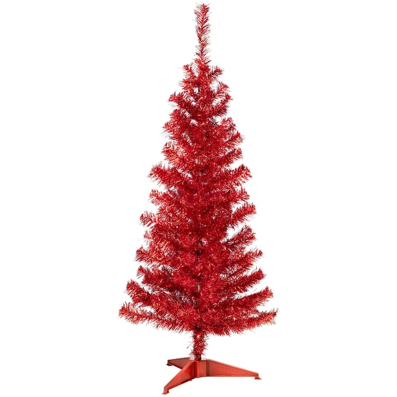 Artificial Tinsel Christmas Tree - 4' - Red - Unlit - 4 Foot