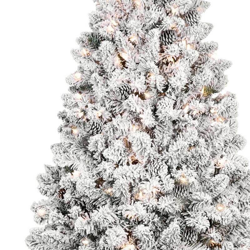 HomeRoots 4.5' White Pre Lit Full Flocked Fir Christmas Tree With Decorations - 35.00 in. x 54.00 in. x 35.00 in.