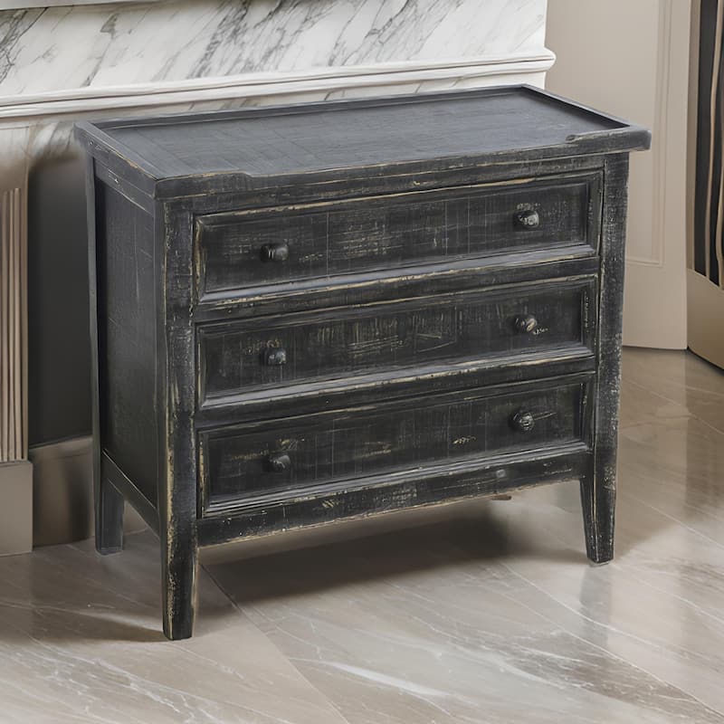 Rena Side End Table with 3 Drawers, 28 Inch Rustic Black Mahogany Wood