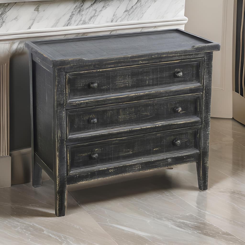 Rena Side End Table with 3 Drawers, 28 Inch Rustic Black Mahogany Wood