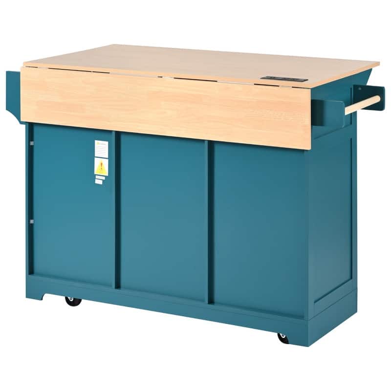 55.7" Rolling Kitchen Island with 2 Drop Leaf Power Outlet Spice Rack and 3 Drawers