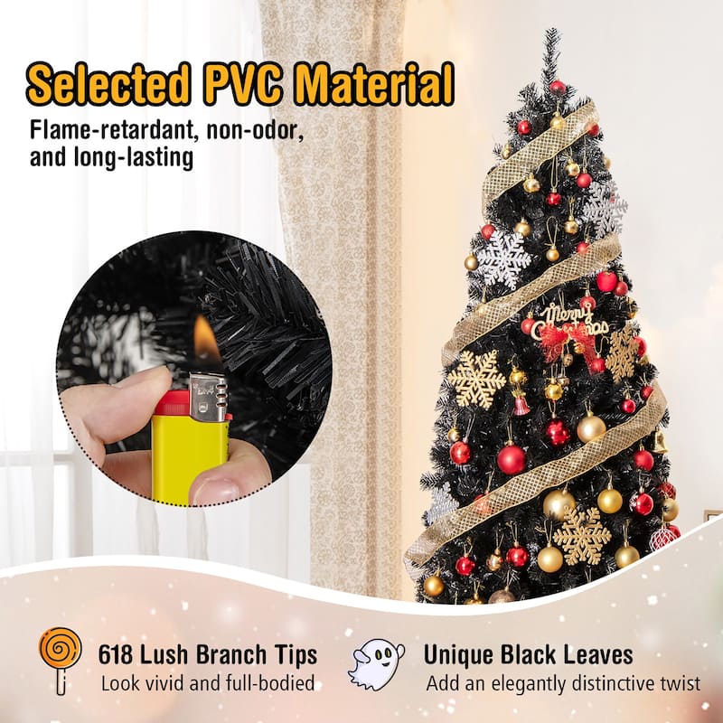 Gymax 6/7 FT Pre-lit Black Christmas Tree Artificial PVC Slim Pencil - See details