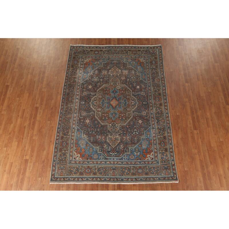 Gray Geometric Tabriz Persian Vintage Rug Handmade Wool Carpet - 6'8"x 9'7"