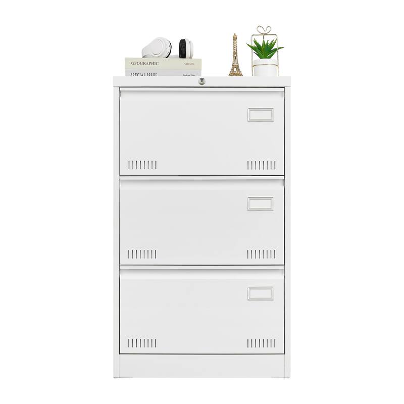 Modern File Cabinet Lateral File Cabinet Metal File Cabinet with 3 Drawers and Lock for Home Office, White
