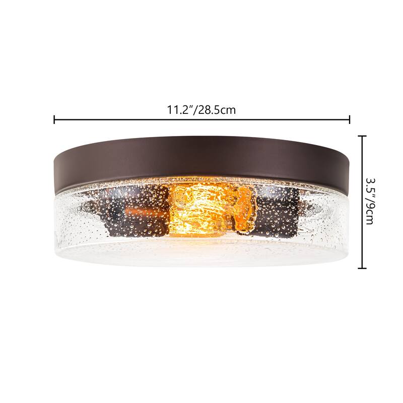 2-Light Gold/Bronze Modern Farmhouse Industrial Dimmable Dome Round Flush Mount Light with Seeded Glass Shade