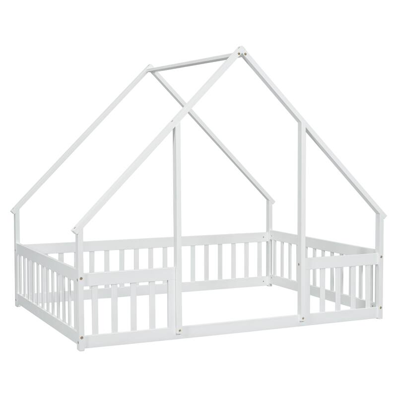 Full Size House-Shaped Floor Bed with Safety Guardrails, Pine Wood Structure, Fun & Safe Bed for Kids & Toddlers